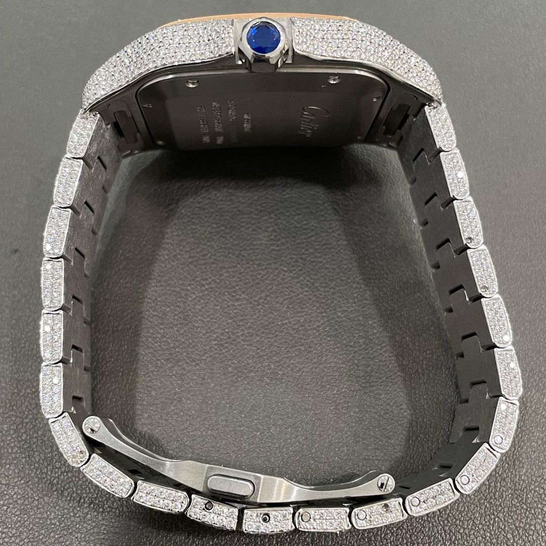 GRA Certified VVS Moissanite Watch | 41mm Two Tone Cartier Santos Rose Gold With Rainbow Colour Numerical Dial | Swiss Movement Automatic Watch |Fully Bustdown Stainless Steel Watch