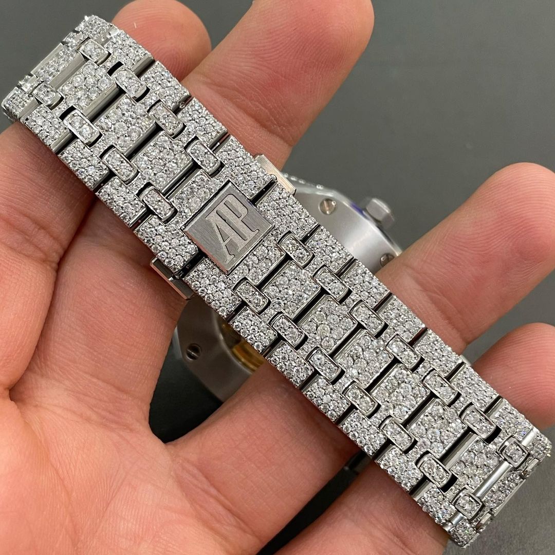 GRA Certified VVS Moissanite AP Watch | 41mm Audemars Piguet With Raised Solitaire Prongs | Swiss Movement Automatic Watch |Fully Bustdown Stainless Steel Watch