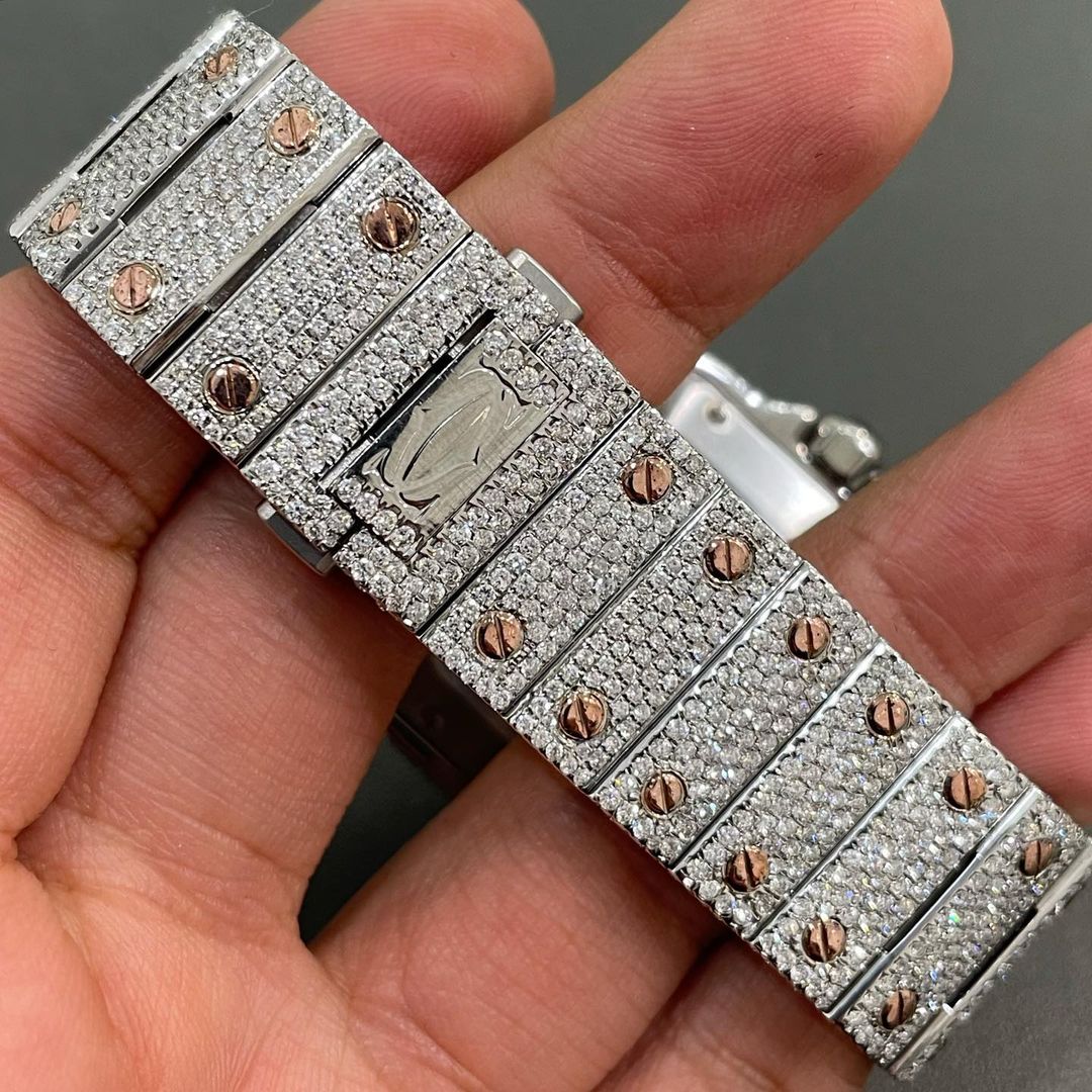 GRA Certified VVS Moissanite Watch | 41mm Two Tone Cartier Santos Rose Gold With Orange Numerical Dial | Swiss Movement Automatic Watch |Fully Bustdown Stainless Steel Watch