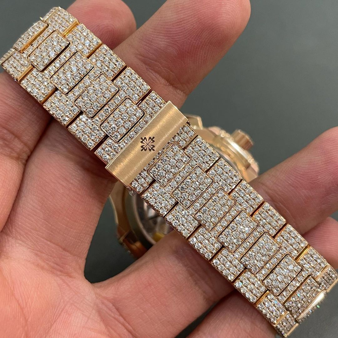 GRA Certified VVS Moissanite Watch | Two Tone Fully Loaded Rose Gold Patek Philippe With Chrono | Swiss Movement Automatic Watch | Fully Bustdown Stainless Steel Watch