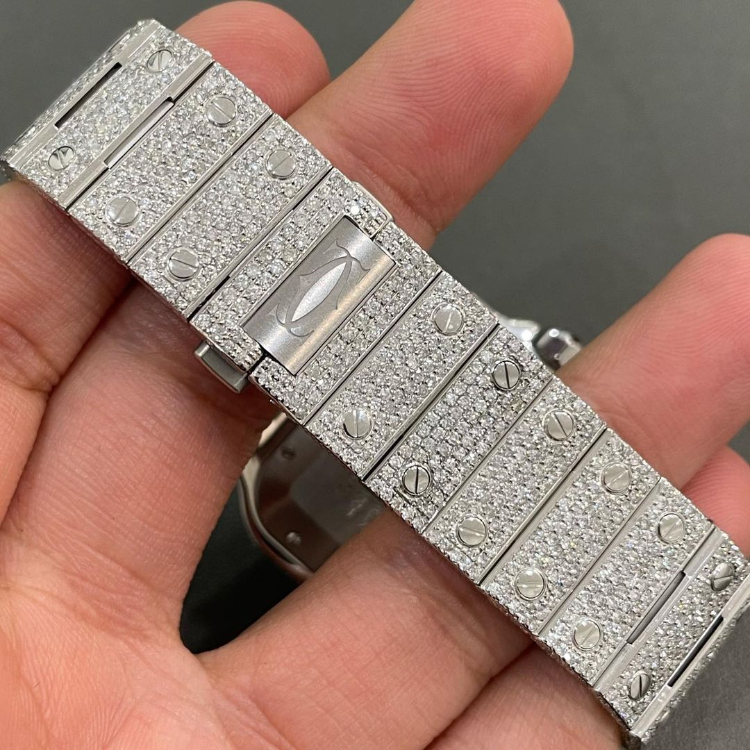 GRA Certified VVS Moissanite Watch | 41mm Two Tone Cartier Santos Rose Gold With Baguette on Bezel Numerical Dial | Swiss Movement Automatic Watch |Fully Bustdown Stainless Steel Watch