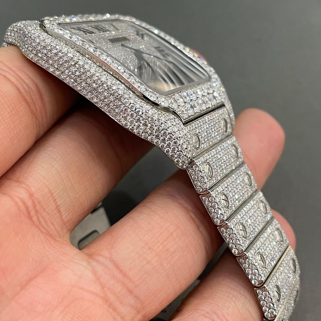 GRA Certified VVS Moissanite Watch | 41mm White Cartier Santos with Black Numerical Dial | Swiss Movement Automatic Watch |Fully Bustdown Stainless Steel Watch