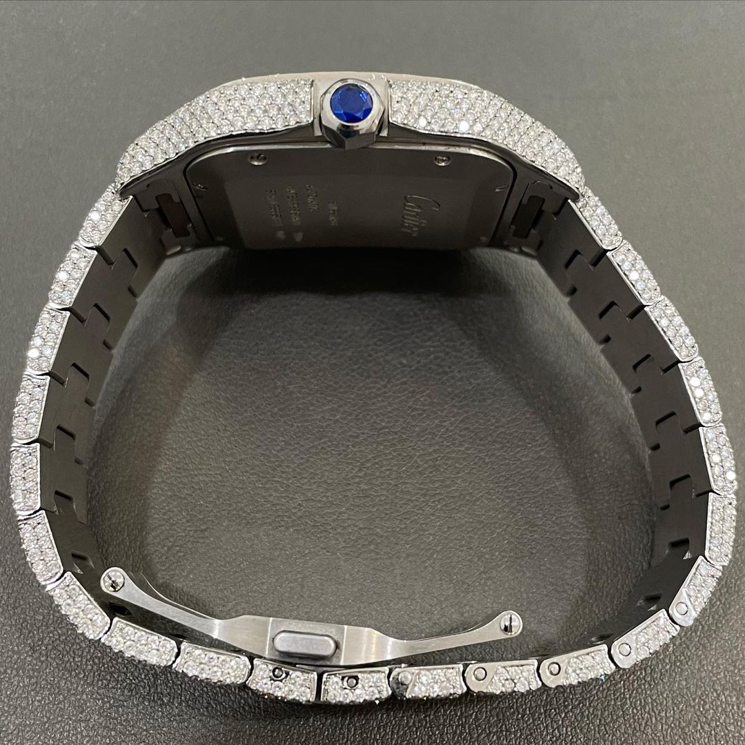 GRA Certified VVS Moissanite Watch | 41mm White Cartier Santos with Black Numerical Dial | Swiss Movement Automatic Watch |Fully Bustdown Stainless Steel Watch