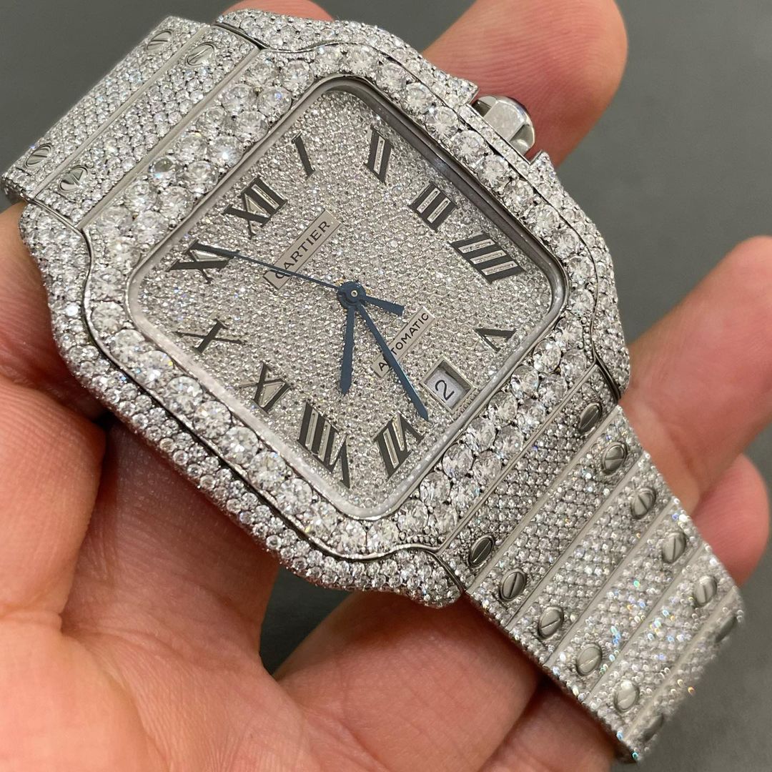GRA Certified VVS Moissanite Watch | 41mm White Cartier Santos with Black Numerical Dial | Swiss Movement Automatic Watch |Fully Bustdown Stainless Steel Watch
