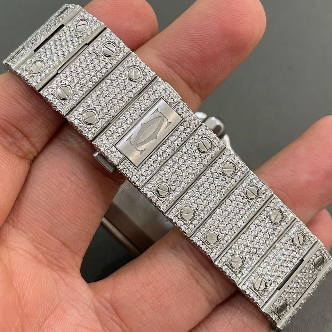 GRA Certified VVS Moissanite Watch | 41mm White Cartier Santos with Black Numerical Dial | Swiss Movement Automatic Watch |Fully Bustdown Stainless Steel Watch