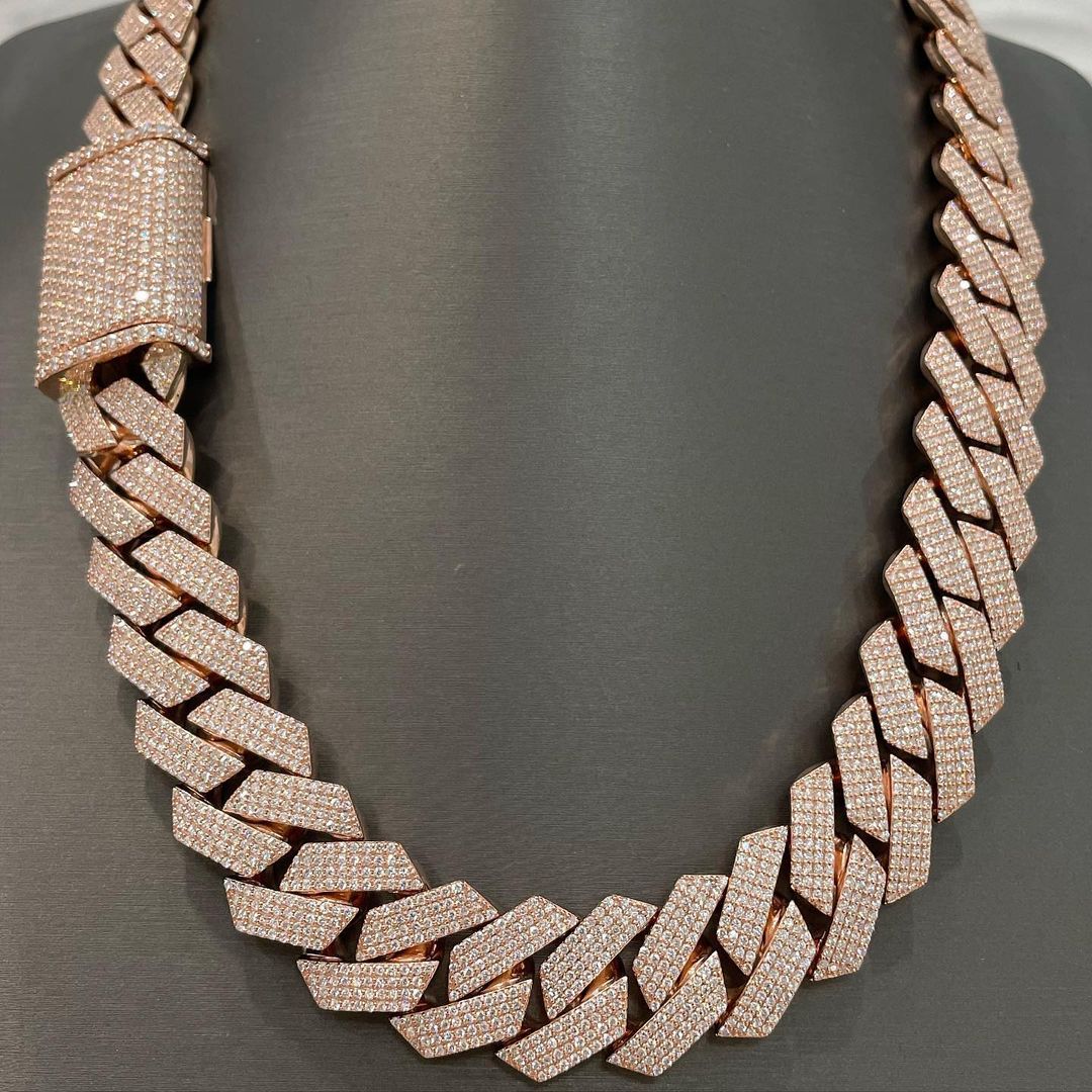 CARAT SUTRA Co |Two Tone 18mm Solid Miami Prong Set Cuban Link Chain Necklace, Studded With GRA Certified 45Ct VVS Moissanite Diamonds with Rose Gold Over Silver | 999 Sterling Silver Chain | Men's Jewelry |