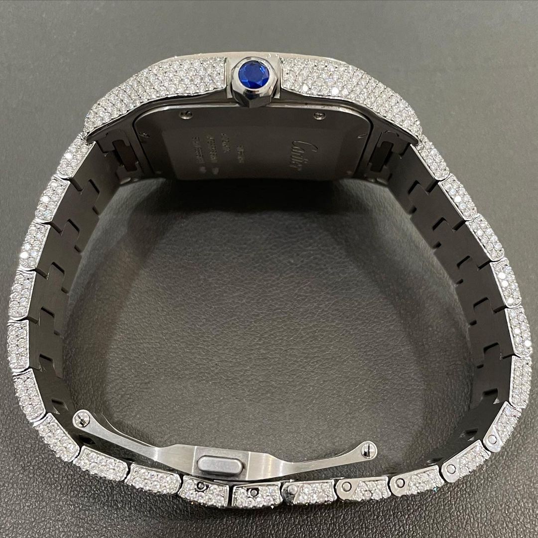 GRA Certified VVS Moissanite Watch | 41mm Cartier Santos with Green Numerical Dial | Swiss Movement Automatic Watch |Fully Bustdown Stainless Steel Watch