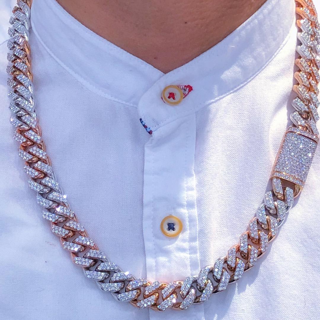 CARAT SUTRA CO| Two Tone 14mm Solid Cuban Link Chain Necklace , Studded With GRA Certified 25Ct VVS Moissanite Diamonds with | 999 Sterling Silver Chain with Rose And White Gold| Men's Jewelry |