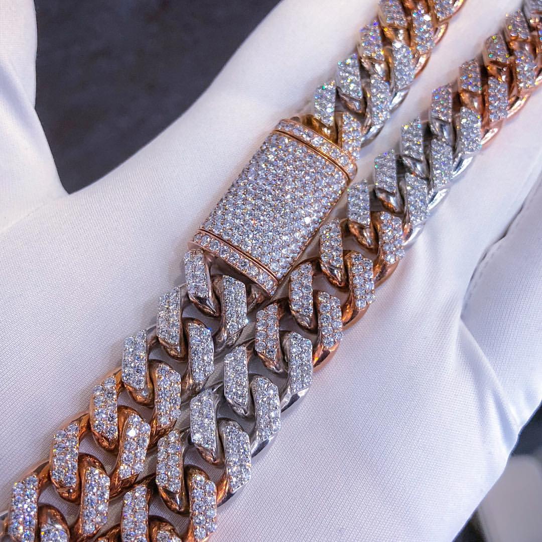 CARAT SUTRA CO| Two Tone 14mm Solid Cuban Link Chain Necklace , Studded With GRA Certified 25Ct VVS Moissanite Diamonds with | 999 Sterling Silver Chain with Rose And White Gold| Men's Jewelry |