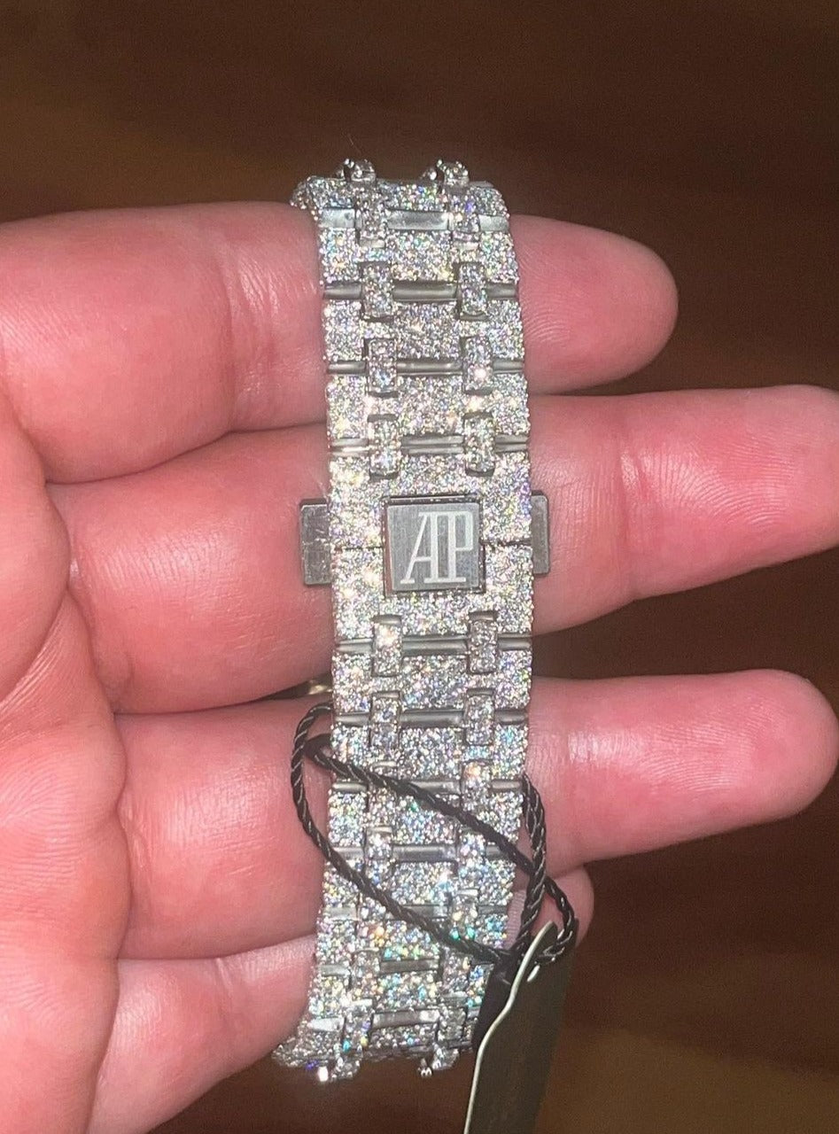 GRA Certified VVS Moissanite AP Watch | Audemars Piguet with Black Arabic Dial & Raised Solitaire Prongs| Swiss Movement Automatic Watch |Fully Bustdown Stainless Steel Watch
