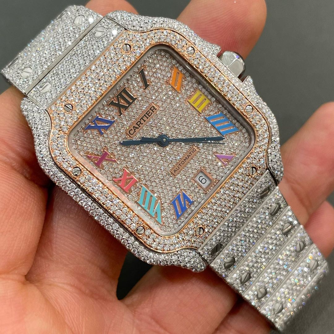 GRA Certified VVS Moissanite Watch | 41mm Two Tone Cartier Santos Rose Gold With Rainbow Colour Numerical Dial | Swiss Movement Automatic Watch |Fully Bustdown Stainless Steel Watch