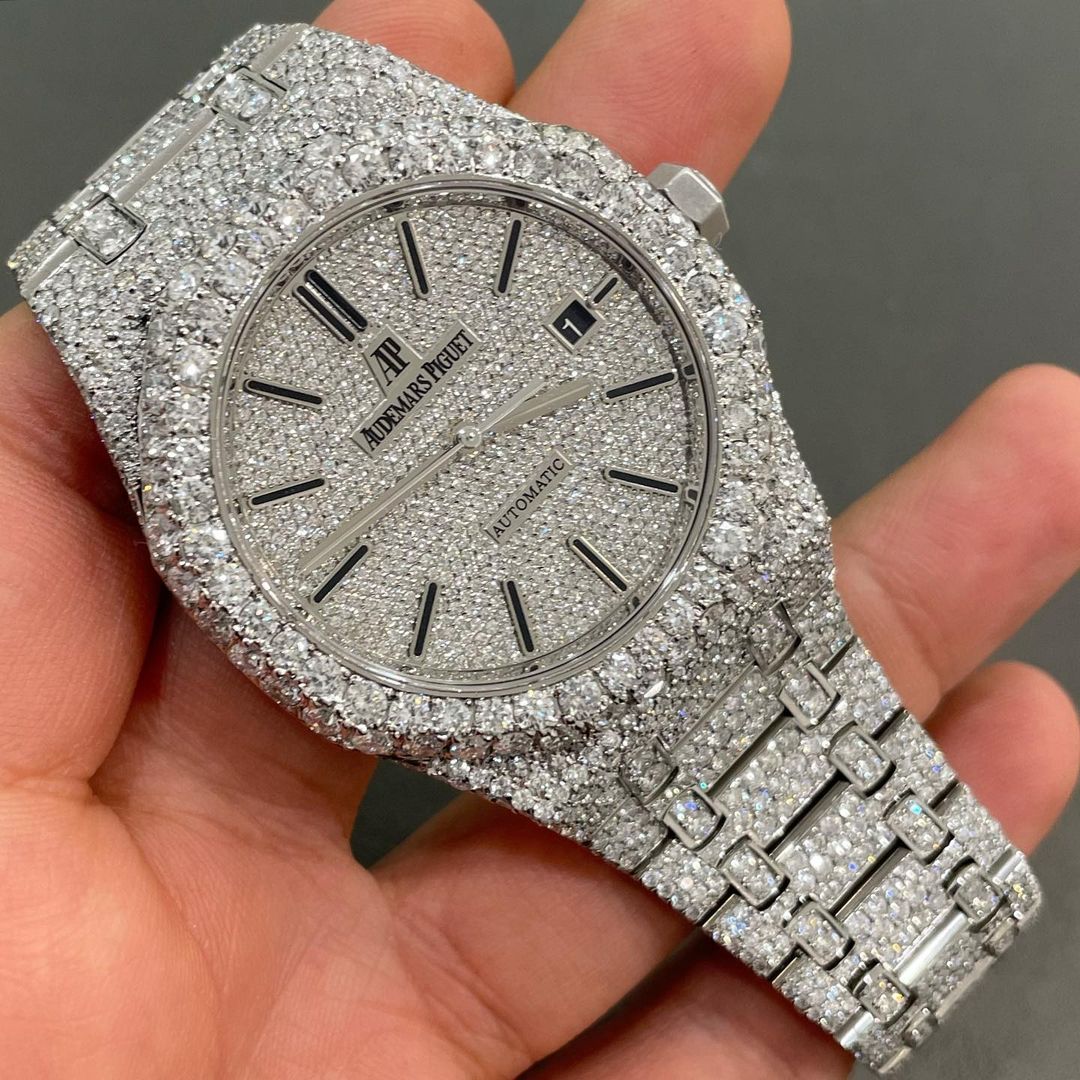 GRA Certified VVS Moissanite AP Watch | 41mm Audemars Piguet With Raised Solitaire Prongs | Swiss Movement Automatic Watch |Fully Bustdown Stainless Steel Watch