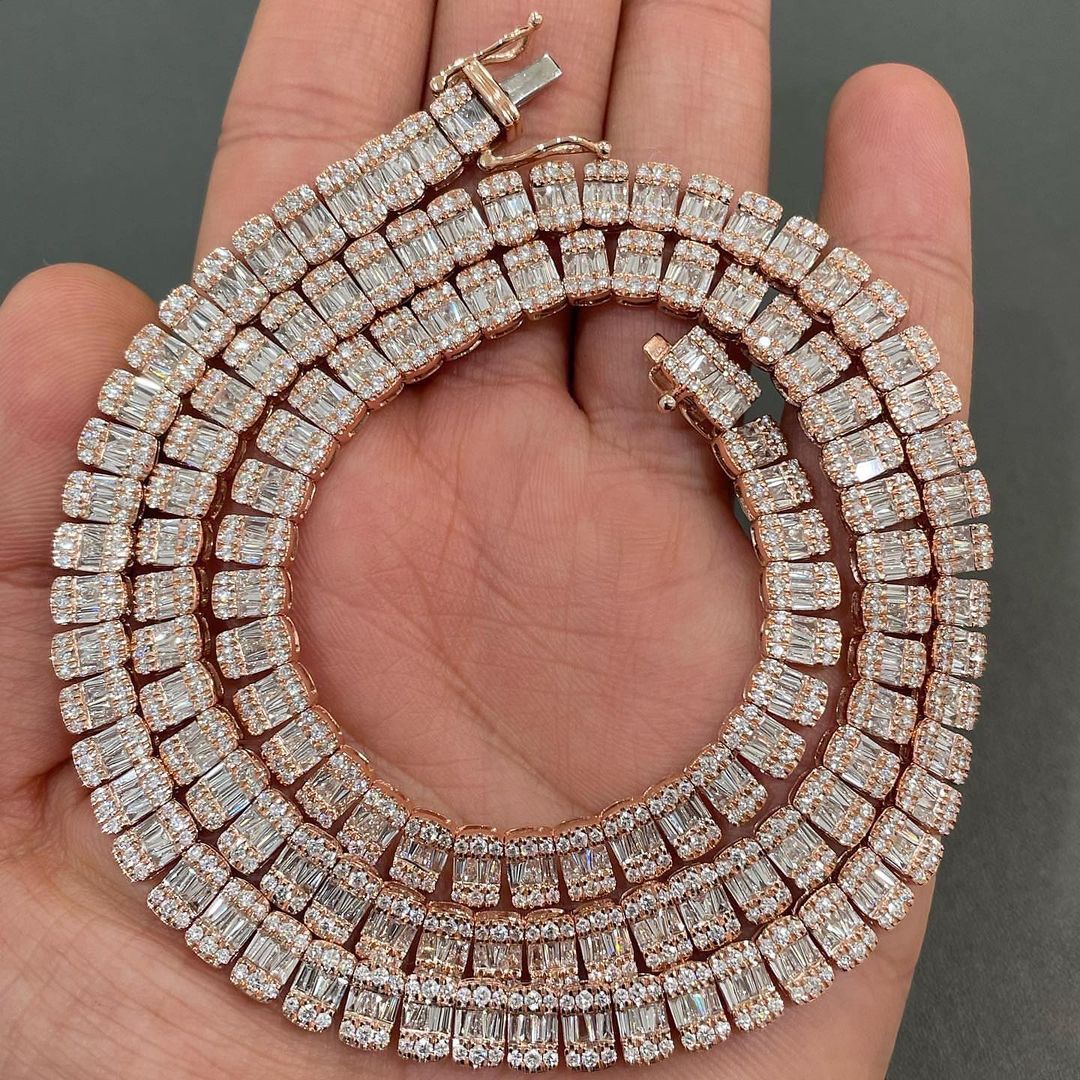 CARAT SUTRA Co |  Two Tone 10mm Solid Miami Baguette Cuban Link Chain Necklace, Studded With GRA Certified 22ct VVS Moissanite Diamonds with  | 999 Sterling Silver Chain with Rose Gold Over Silver | Men's Jewelry |