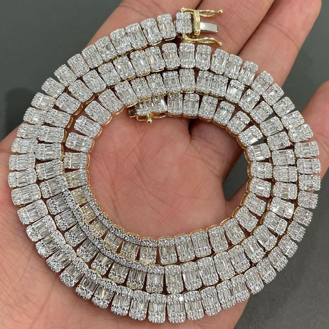 CARAT SUTRA Co |  Two Tone 10mm Solid Miami Baguette Cuban Link Chain Necklace, Studded With GRA Certified 22ct VVS Moissanite Diamonds with  | 999 Sterling Silver Chain with Rose Gold Over Silver | Men's Jewelry |