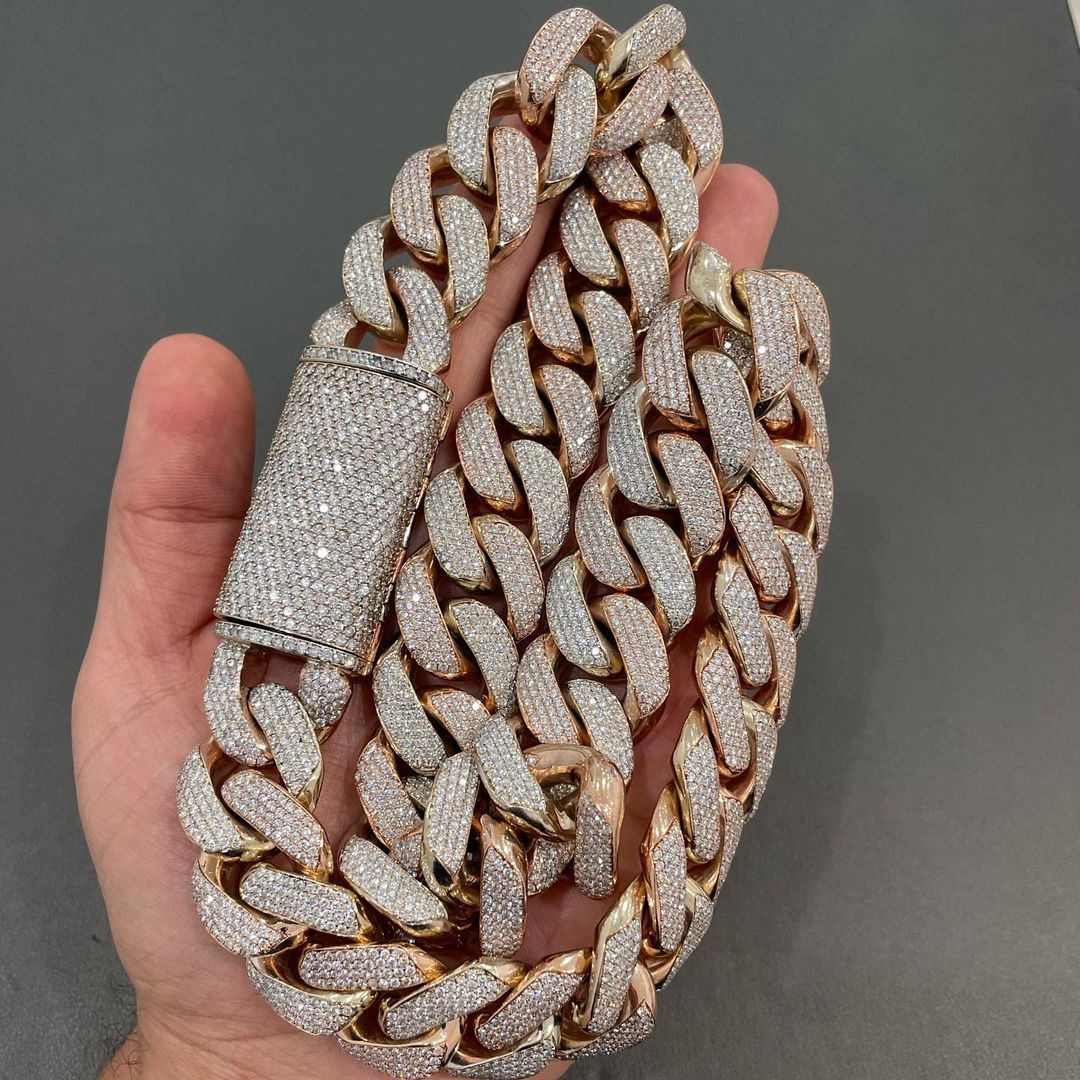 CARAT SUTRA Co |  Two Tone 16mm Solid Borderless Cuban Link Chain Necklace, Studded With GRA Certified VVS Moissanite Diamonds with Rose & White Gold | 999 Sterling Silver Chain | Men's Jewelry |