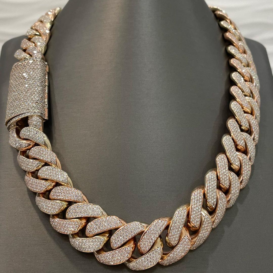 CARAT SUTRA Co |  Two Tone 16mm Solid Borderless Cuban Link Chain Necklace, Studded With GRA Certified VVS Moissanite Diamonds with Rose & White Gold | 999 Sterling Silver Chain | Men's Jewelry |
