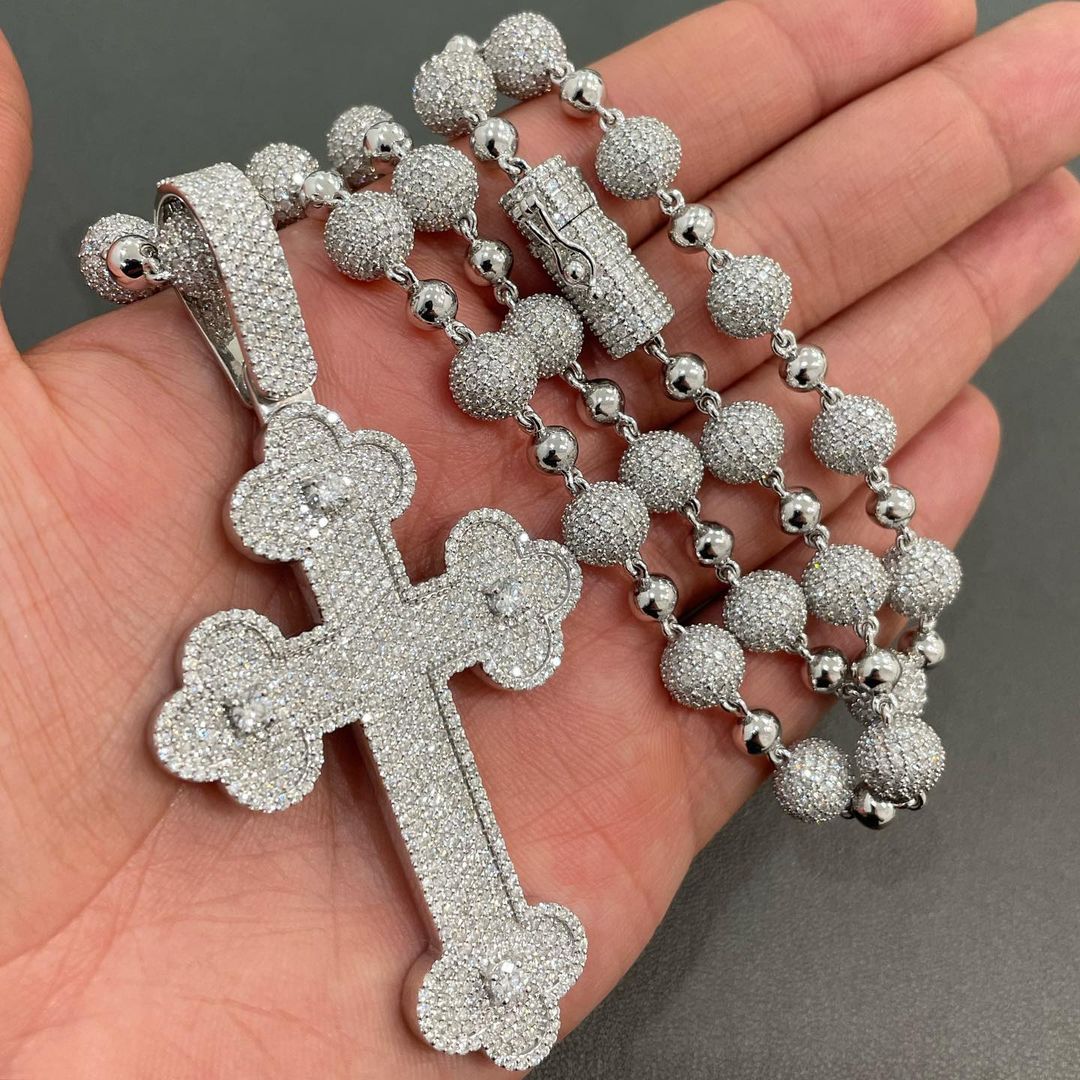 CARAT SUTRA Co |  10mm Solid Cuban Cross Pendant And Ball Link Chain Necklace, Studded With GRA Certified VVS Moissanite Diamonds with  | 999 Sterling Silver Chain with White Gold Plated Over Silver | Men's Jewelry |