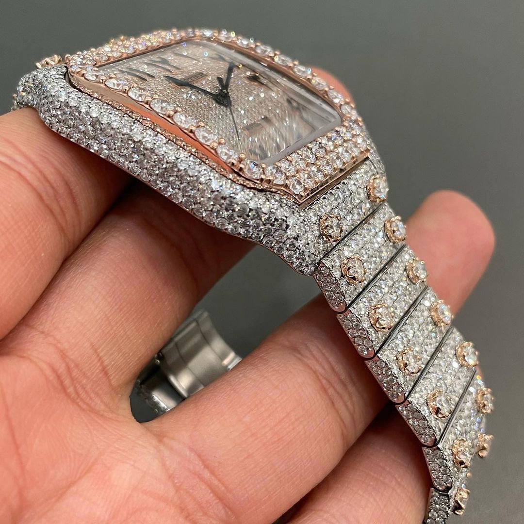 GRA Certified VVS Moissanite Watch | 41mm Two Tone Cartier Santos Rose Gold With Arabic Number Dial | Swiss Movement Automatic Watch |Fully Bustdown Stainless Steel Watch