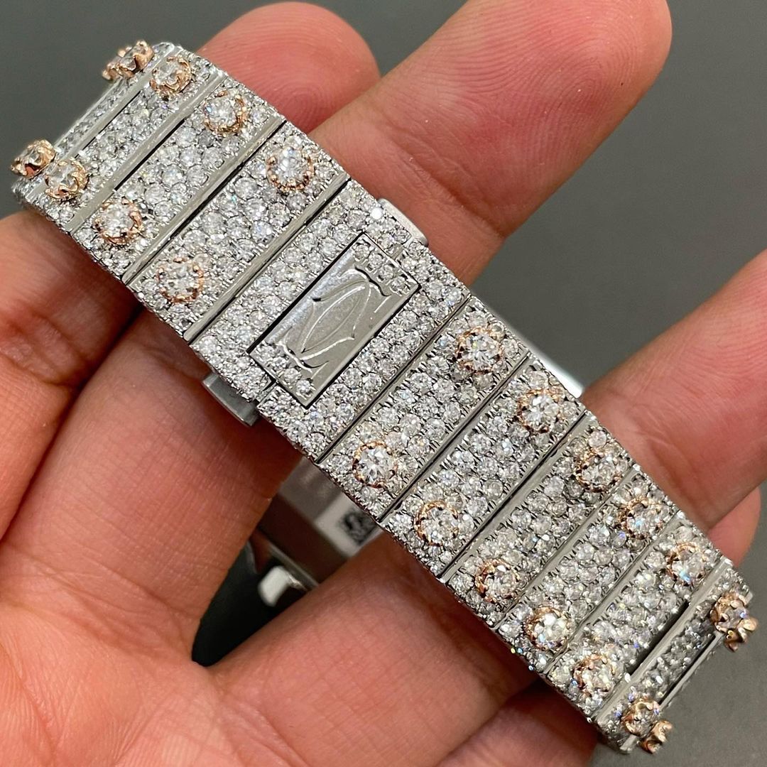 GRA Certified VVS Moissanite Watch | 41mm Two Tone Cartier Santos Rose Gold With Arabic Number Dial | Swiss Movement Automatic Watch |Fully Bustdown Stainless Steel Watch