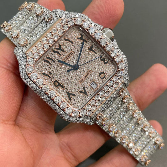 GRA Certified VVS Moissanite Watch | 41mm Two Tone Cartier Santos Rose Gold With Arabic Number Dial | Swiss Movement Automatic Watch |Fully Bustdown Stainless Steel Watch