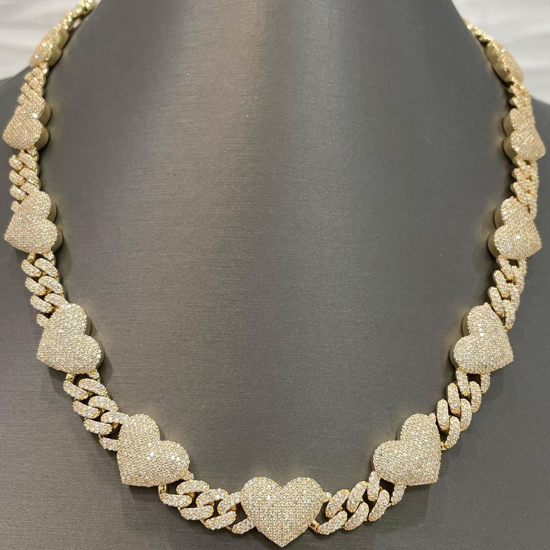 CARAT SUTRA Co |  10mm Solid Diamond Heart Cuban Link Chain Necklace, Studded With GRA Certified 22Ct VVS Moissanite Diamonds with  | 999 Sterling Silver Chain with Yellow Gold Over A Silver | Men's Jewelry |