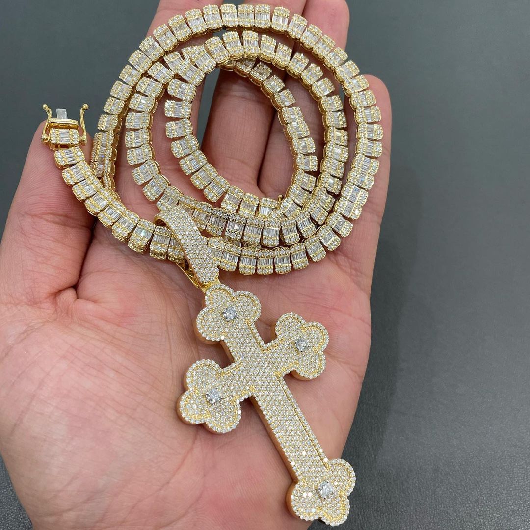 CARAT SUTRA Co |  10mm Solid Cross And Baguette Cuban Link Chain Necklace, Studded With GRA Certified 26Ct VVS Moissanite Diamonds with  | 999 Sterling Silver Chain with Yellow Gold Over A Silver | Men's Jewelry |