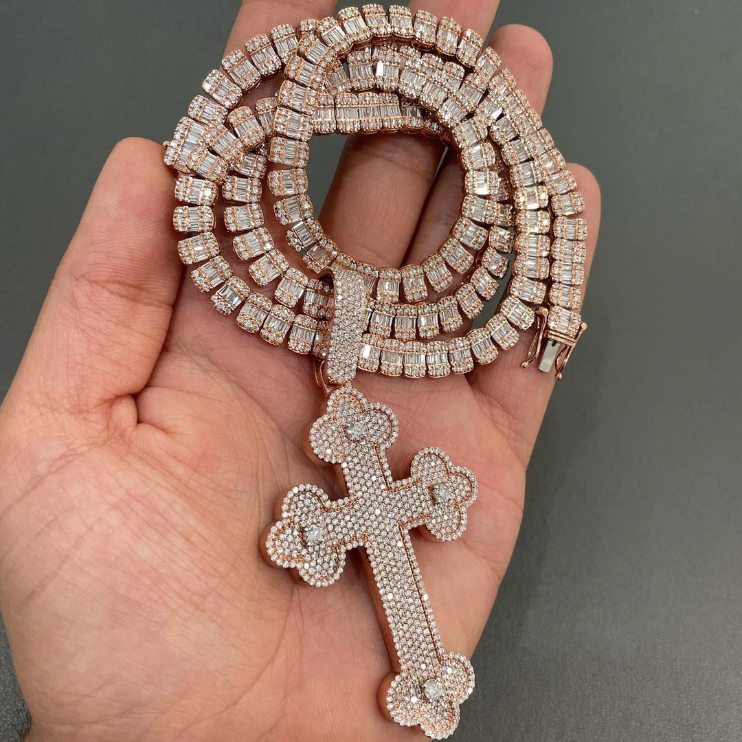 CARAT SUTRA Co |  10mm Solid Cross And Baguette Cuban Link Chain Necklace, Studded With GRA Certified 26Ct VVS Moissanite Diamonds with  | 999 Sterling Silver Chain with Rose Gold Over A Silver | Men's Jewelry |