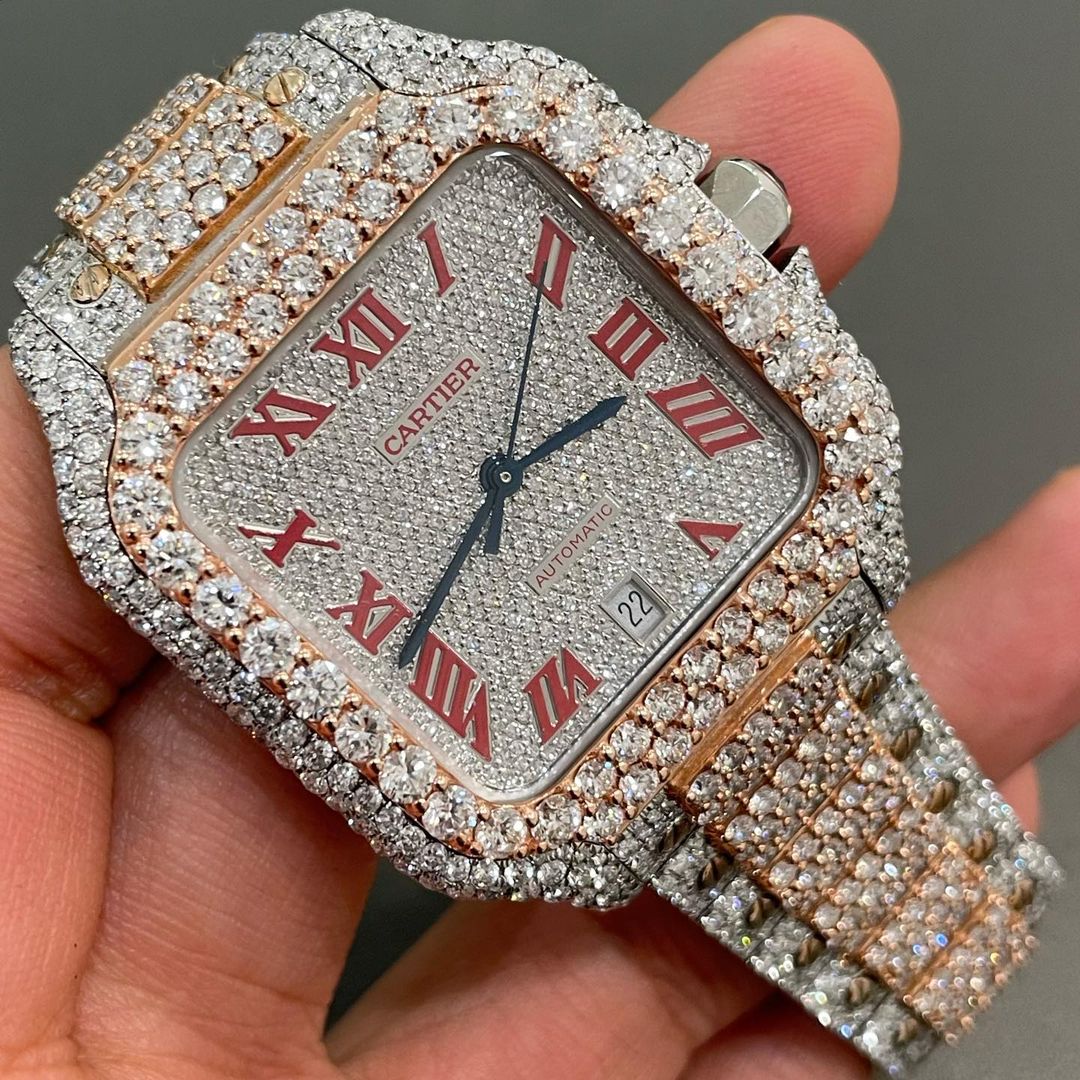 GRA Certified VVS Moissanite Watch | 41mm Two Tone Cartier Santos Rose Gold With Red Numerical Dial | Swiss Movement Automatic Watch |Fully Bustdown Stainless Steel Watch