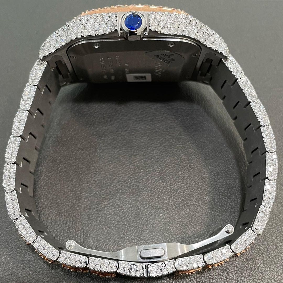 GRA Certified VVS Moissanite Watch | 41mm Two Tone Cartier Santos Rose Gold With Red Numerical Dial | Swiss Movement Automatic Watch |Fully Bustdown Stainless Steel Watch