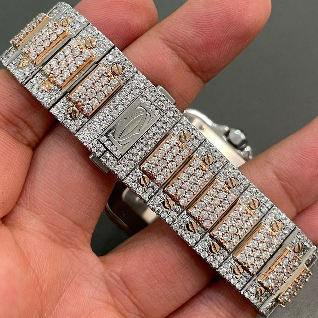 GRA Certified VVS Moissanite Watch | 41mm Two Tone Cartier Santos Rose Gold With Red Numerical Dial | Swiss Movement Automatic Watch |Fully Bustdown Stainless Steel Watch