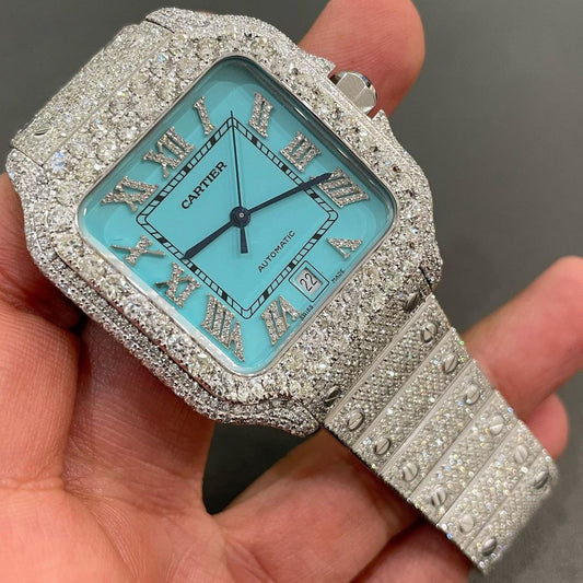 GRA Certified VVS Moissanite Watch | 41mm Cartier Santos with Turquoise Blue Numerical Dial | Swiss Movement Automatic Watch |Fully Bustdown Stainless Steel Watch