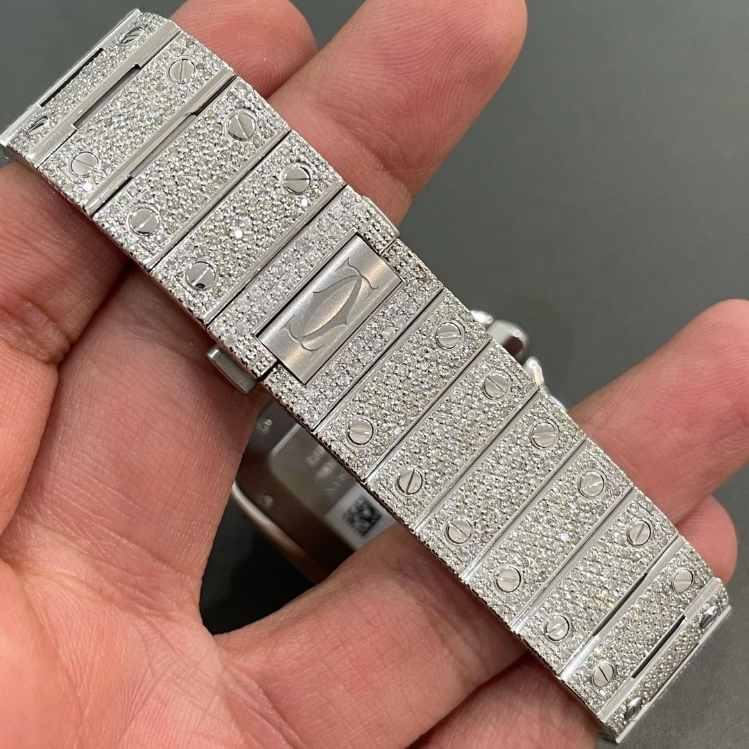 GRA Certified VVS Moissanite Watch | 41mm Cartier Santos with Turquoise Blue Numerical Dial | Swiss Movement Automatic Watch |Fully Bustdown Stainless Steel Watch