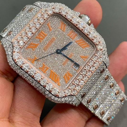 GRA Certified VVS Moissanite Watch | 41mm Two Tone Cartier Santos Rose Gold With Orange Numerical Dial | Swiss Movement Automatic Watch |Fully Bustdown Stainless Steel Watch