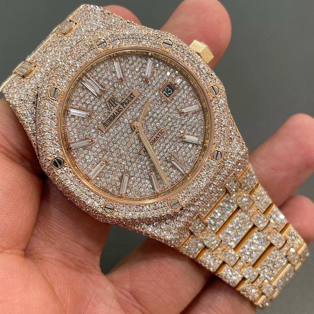 GRA Certified VVS Moissanite AP Watch | 41mm Two Tone Audemars Piguet in Rose Gold With Baguette| Swiss Movement Automatic Watch |Fully Bustdown Stainless Steel Watch