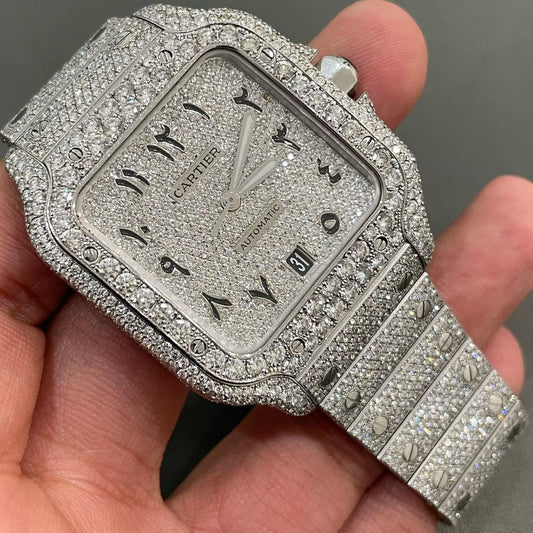 GRA Certified VVS Moissanite Watch | 41mm White Cartier Santos with Black Arabic Number Dial | Swiss Movement Automatic Watch |Fully Bustdown Stainless Steel Watch