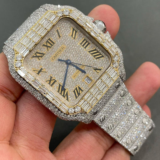 GRA Certified VVS Moissanite Watch | 41mm Two Tone Cartier Santos Rose Gold With Baguette on Bezel Numerical Dial | Swiss Movement Automatic Watch |Fully Bustdown Stainless Steel Watch