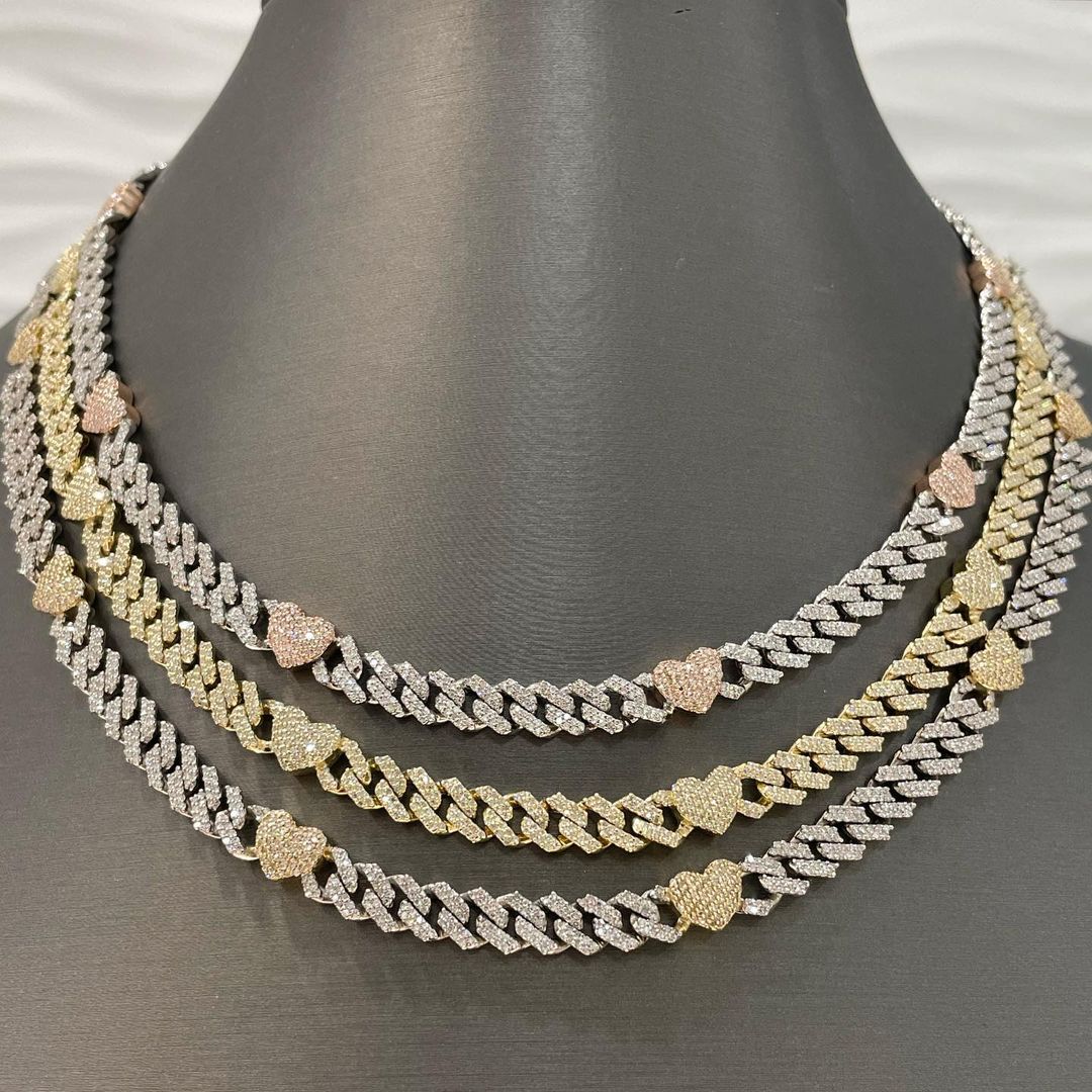 CARAT SUTRA Co |  8mm Solid Miami Heart Cuban Link Chain Necklace , Studded With GRA Certified 21Ct VVS Moissanite Diamonds with  | 999 Sterling Silver Chain with Yellow White And Rose Gold | Men's Jewelry |