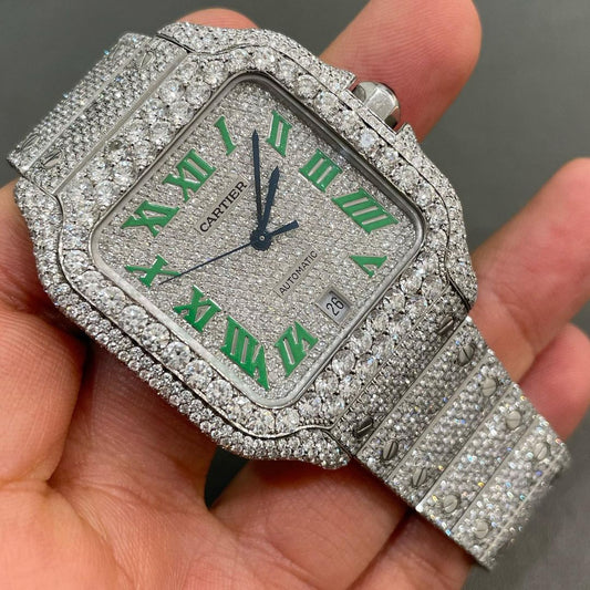 GRA Certified VVS Moissanite Watch | 41mm Cartier Santos with Green Numerical Dial | Swiss Movement Automatic Watch |Fully Bustdown Stainless Steel Watch