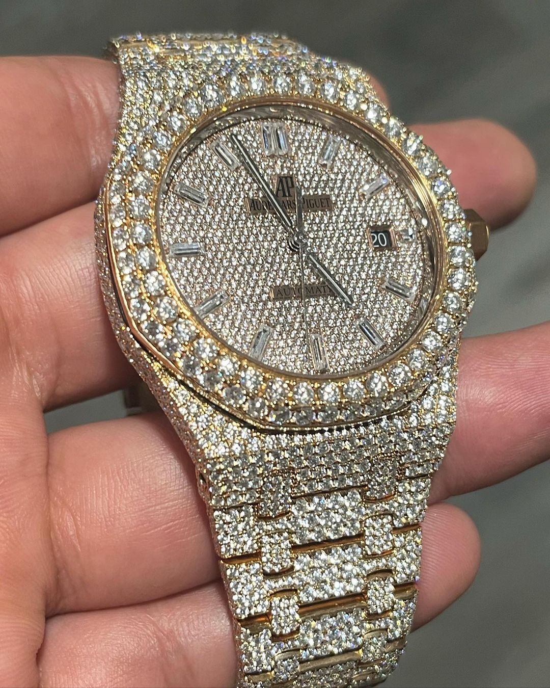 GRA Certified VVS Moissanite AP Watch | 41mm Audemars Piguet in Rose Gold | Swiss Movement Automatic Watch |Fully Bustdown Stainless Steel Watch