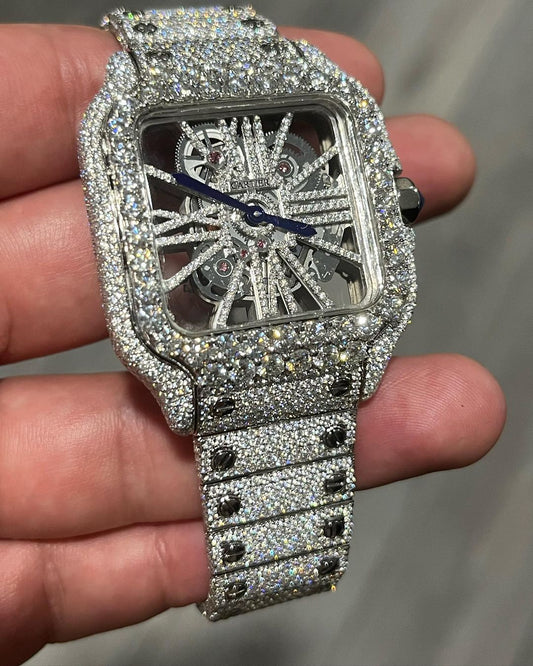 GRA Certified VVS Moissanite Watch | 41mm Cartier Skeleton | Swiss Movement Automatic Watch |Fully Bustdown Stainless Steel Watch