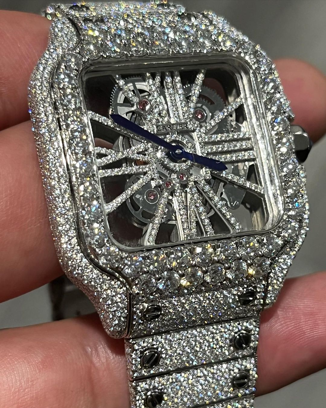 GRA Certified VVS Moissanite Watch | 41mm Cartier Skeleton | Swiss Movement Automatic Watch |Fully Bustdown Stainless Steel Watch