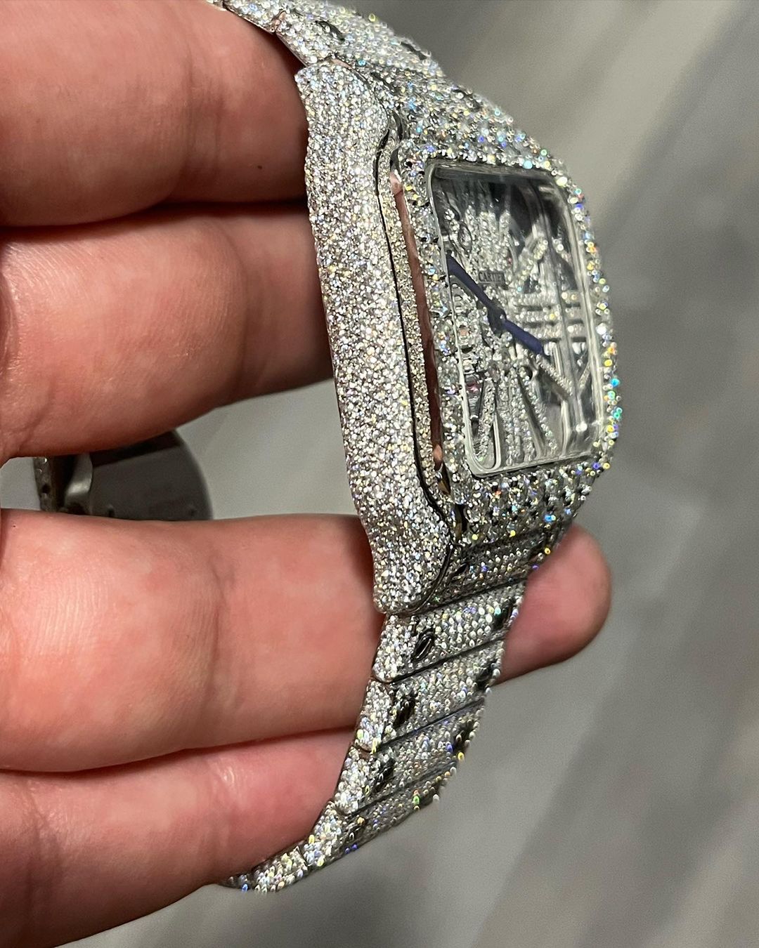 GRA Certified VVS Moissanite Watch | 41mm Cartier Skeleton | Swiss Movement Automatic Watch |Fully Bustdown Stainless Steel Watch
