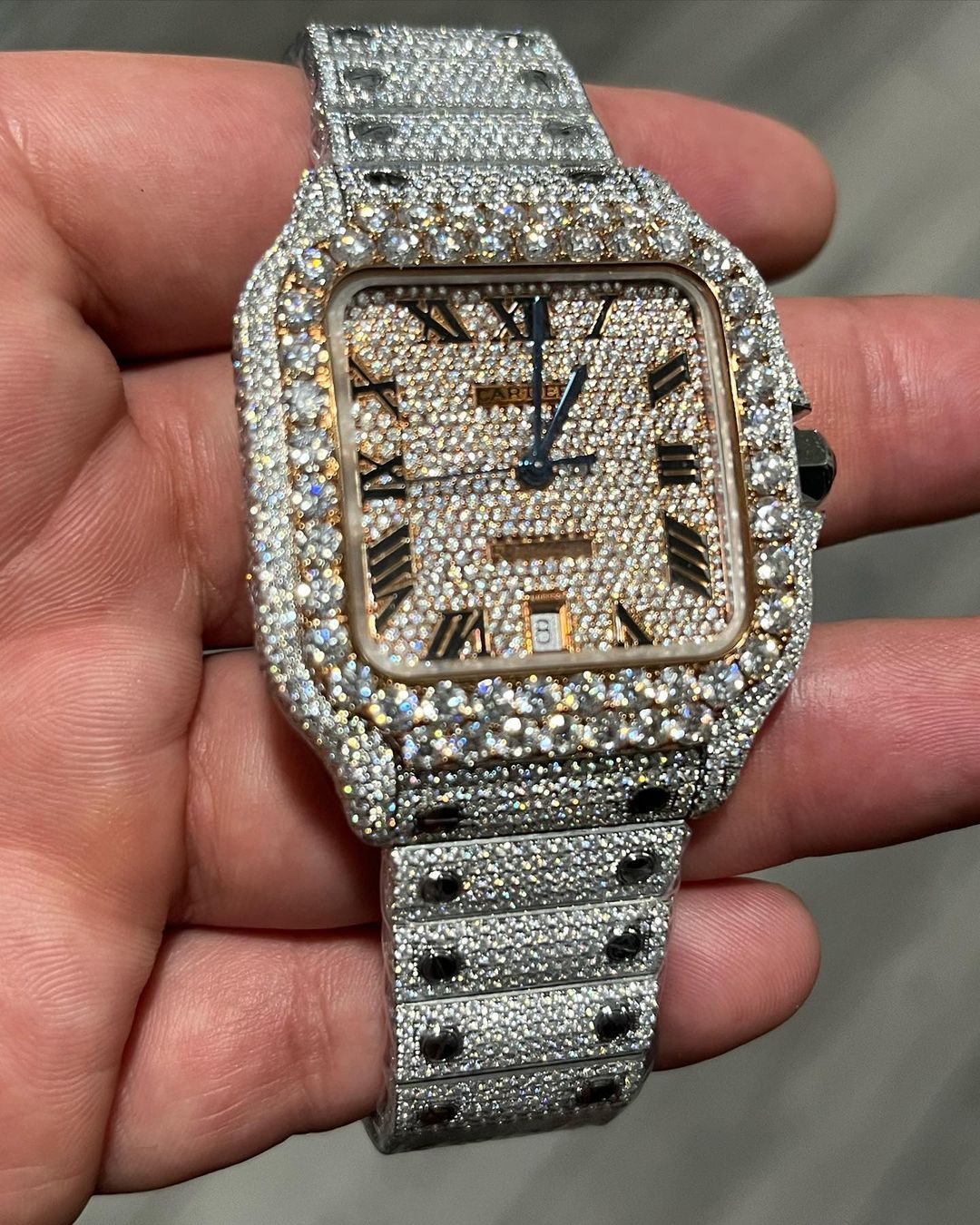 GRA Certified VVS Moissanite Watch | 41mm Two Tone Cartier Santos with Roman Number Dial | Swiss Movement Automatic Watch |Fully Bustdown Stainless Steel Watch