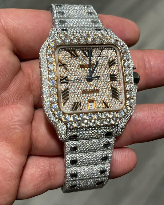 GRA Certified VVS Moissanite Watch | 41mm Two Tone Cartier Santos with Roman Number Dial | Swiss Movement Automatic Watch |Fully Bustdown Stainless Steel Watch