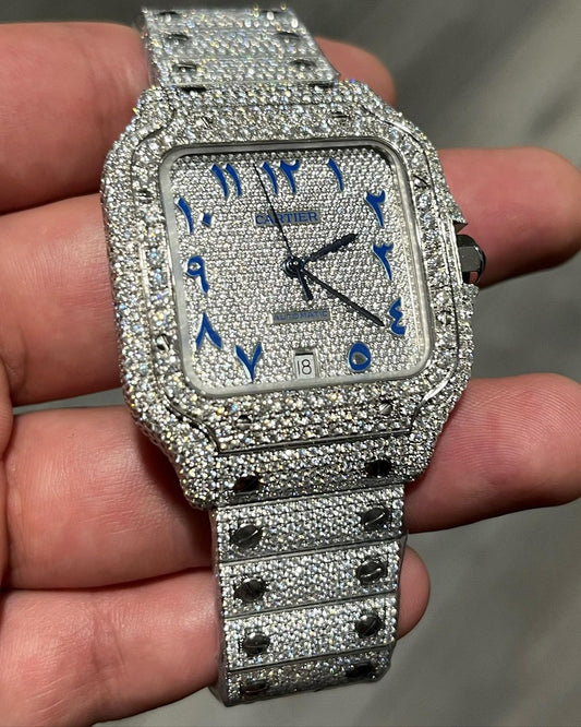 GRA Certified VVS Moissanite Watch | 41mm Cartier Santos with Blue Arabic Number Dial | Swiss Movement Automatic Watch |Fully Bustdown Stainless Steel Watch