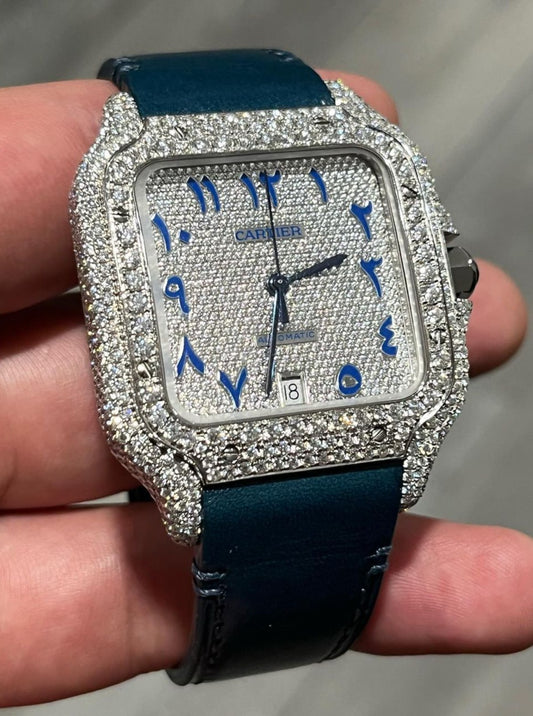 GRA Certified VVS Moissanite Watch | Cartier Santos with Leather Belt & Blue Arabic Number Dial | Swiss Movement Automatic Watch |Fully Bustdown Stainless Steel Watch