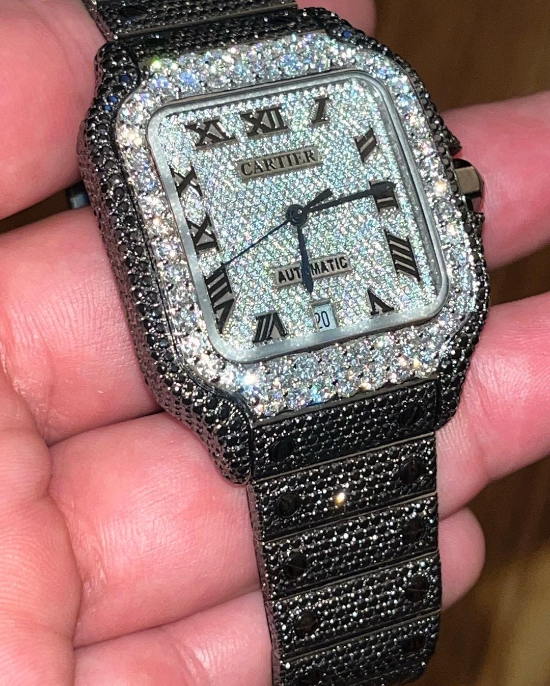 GRA Certified VVS Moissanite Watch | 41mm Cartier Santos with Black & White Moissanite Diamonds | Swiss Movement Automatic Watch |Fully Bustdown Stainless Steel Watch