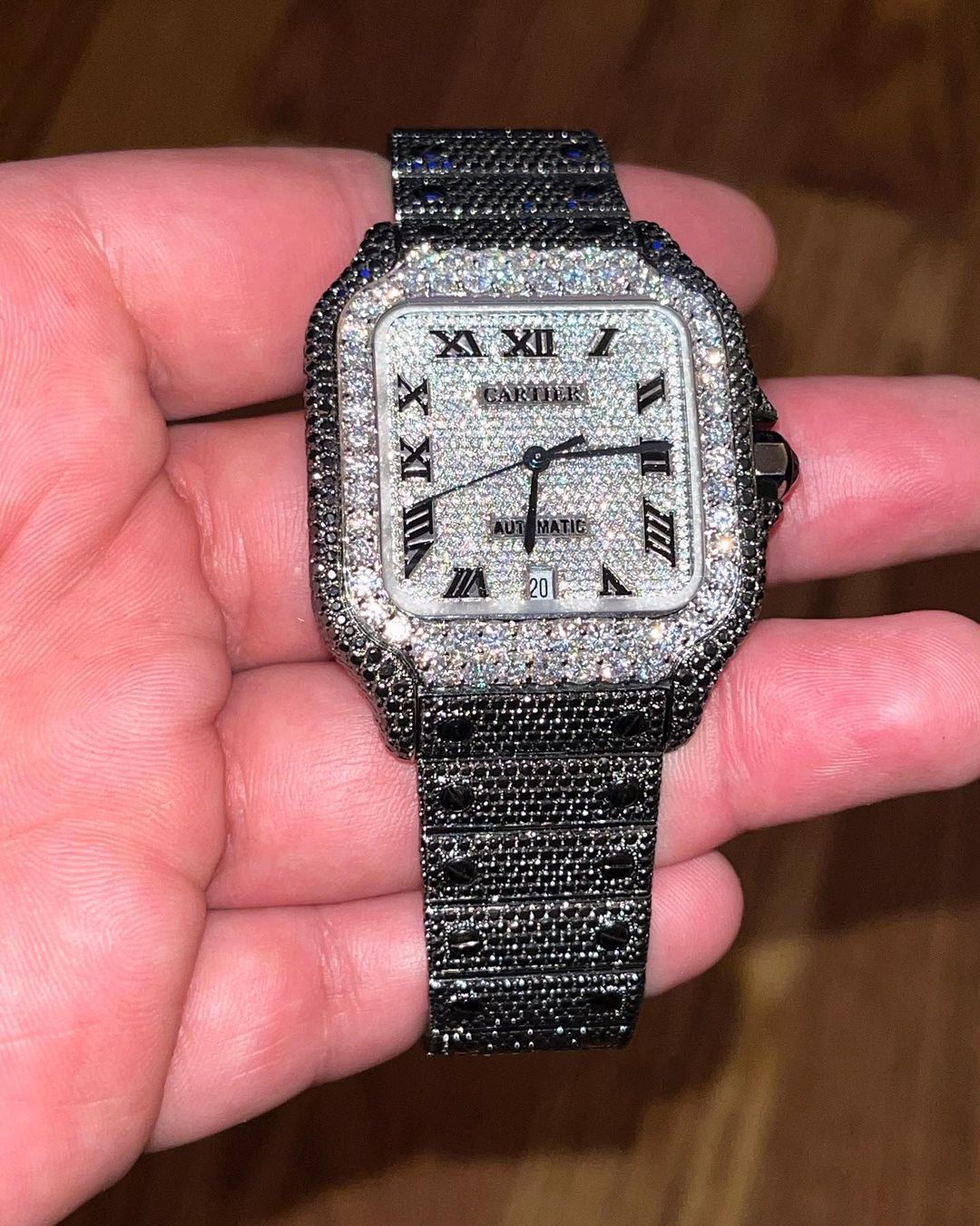 GRA Certified VVS Moissanite Watch | 41mm Cartier Santos with Black & White Moissanite Diamonds | Swiss Movement Automatic Watch |Fully Bustdown Stainless Steel Watch