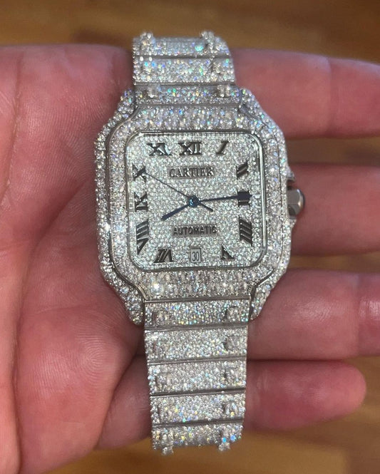 GRA Certified VVS Moissanite Watch | 41mm Cartier Santos with raised solitaire prongs on band| Swiss Movement Automatic Watch |Fully Bustdown Stainless Steel Watch