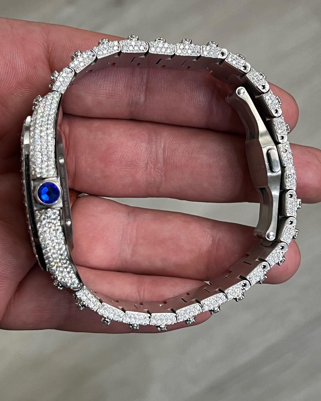 GRA Certified VVS Moissanite Watch | 41mm Cartier Skeleton with raised solitaire prongs on Band | Swiss Movement Automatic Watch |Fully Bustdown Stainless Steel Watch